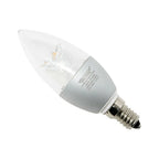 Warm white LED candle bulb with clear tip, E14 base, and silver housing against white background.