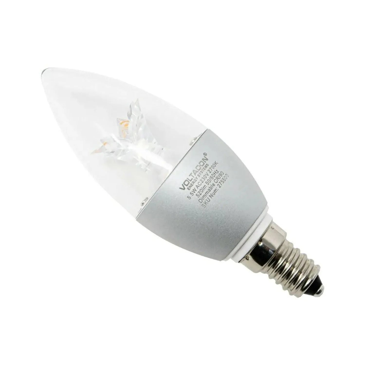Warm white LED candle bulb with clear tip, E14 base, and silver housing against white background.