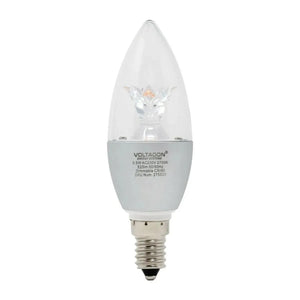 Voltacon 5.5W LED candle bulb with clear dome and E14 base, showing warm white light emission from central crystal element.