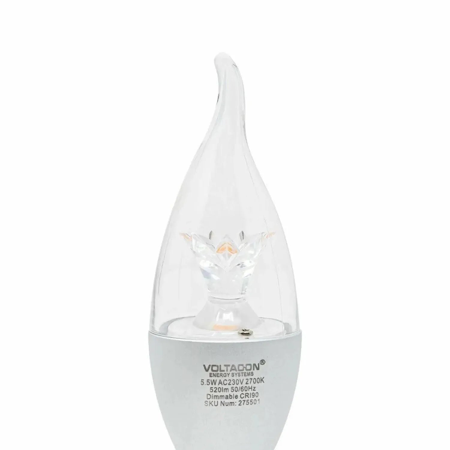Voltacon 5.5W dimmable LED candle bulb with clear dome and warm white light, product shot on white background.