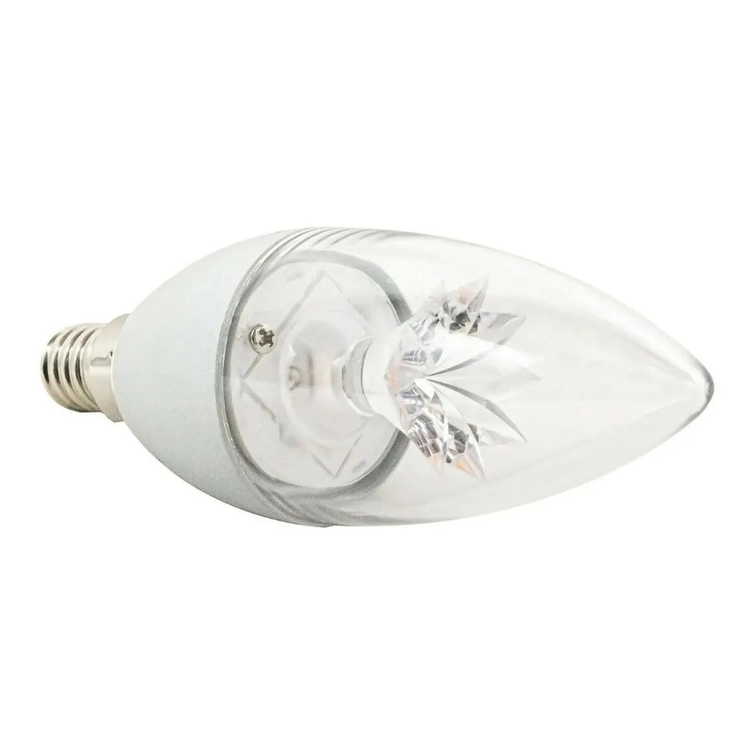 Clear dome LED candle bulb with E14 screw base, showing internal filament design and crystal-cut lens detail against white ba