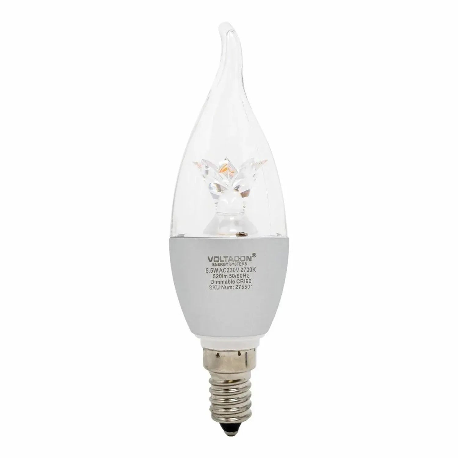 Voltacon 5.5W dimmable LED candle bulb with clear dome and E14 base, warm white 2700K light.