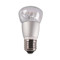 White LED globe bulb with clear dome top and visible LED elements, E27 screw base, product shot on white background.