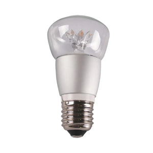 White LED globe bulb with clear dome top and visible LED elements, E27 screw base, product shot on white background.