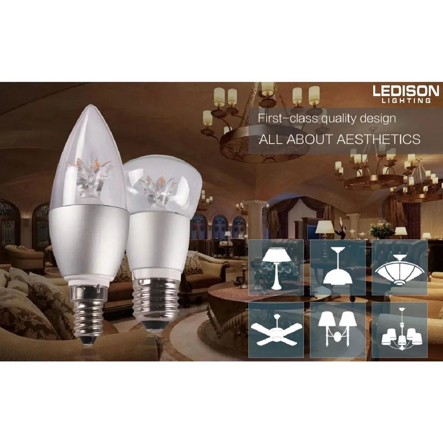 Two silver LED globe bulbs with crystal design displayed in an elegant interior setting with chandeliers and furniture.