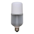 White LED bulb with vertical ribbed heat sink design and brass E27 base, product shot on white background.