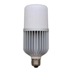 White LED bulb with vertical ribbed heat sink design and brass E27 base, product shot on white background.