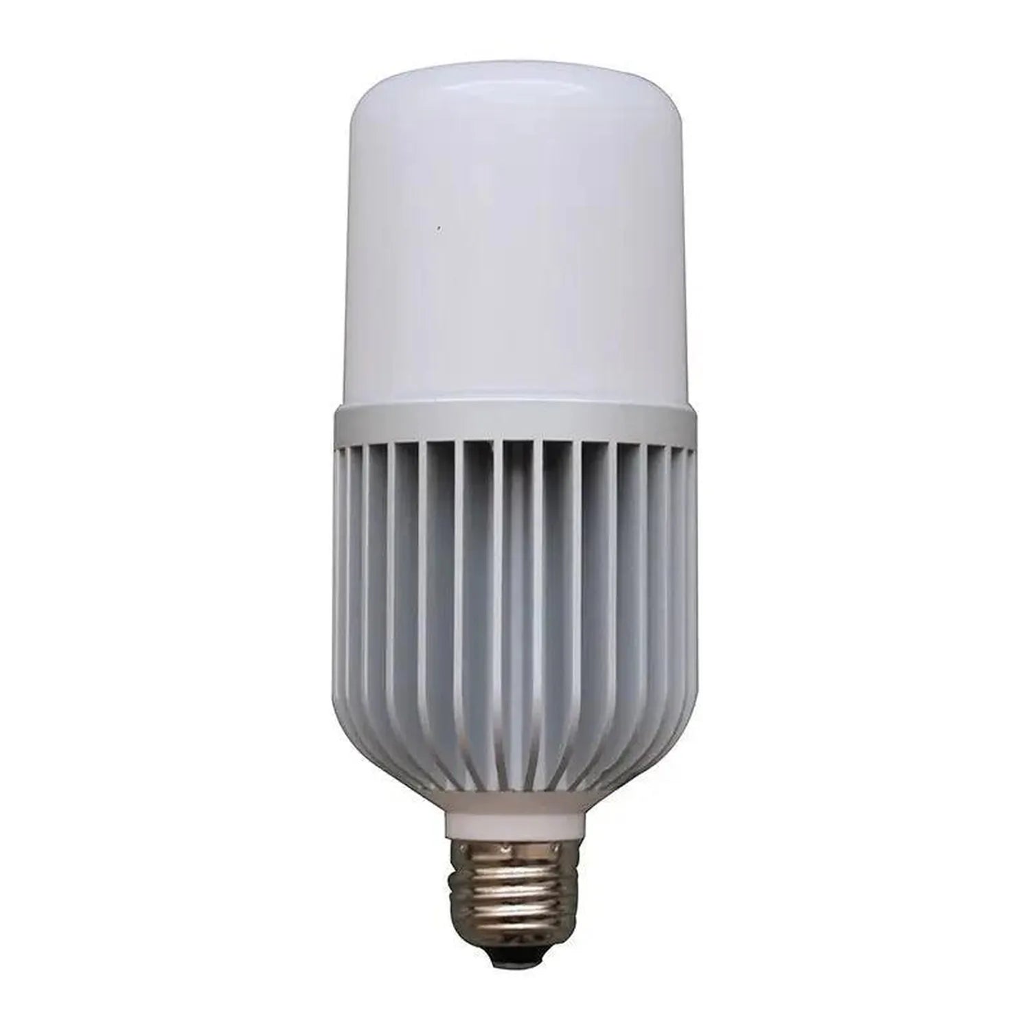 White LED bulb with vertical ribbed heat sink design and brass E27 base, product shot on white background.