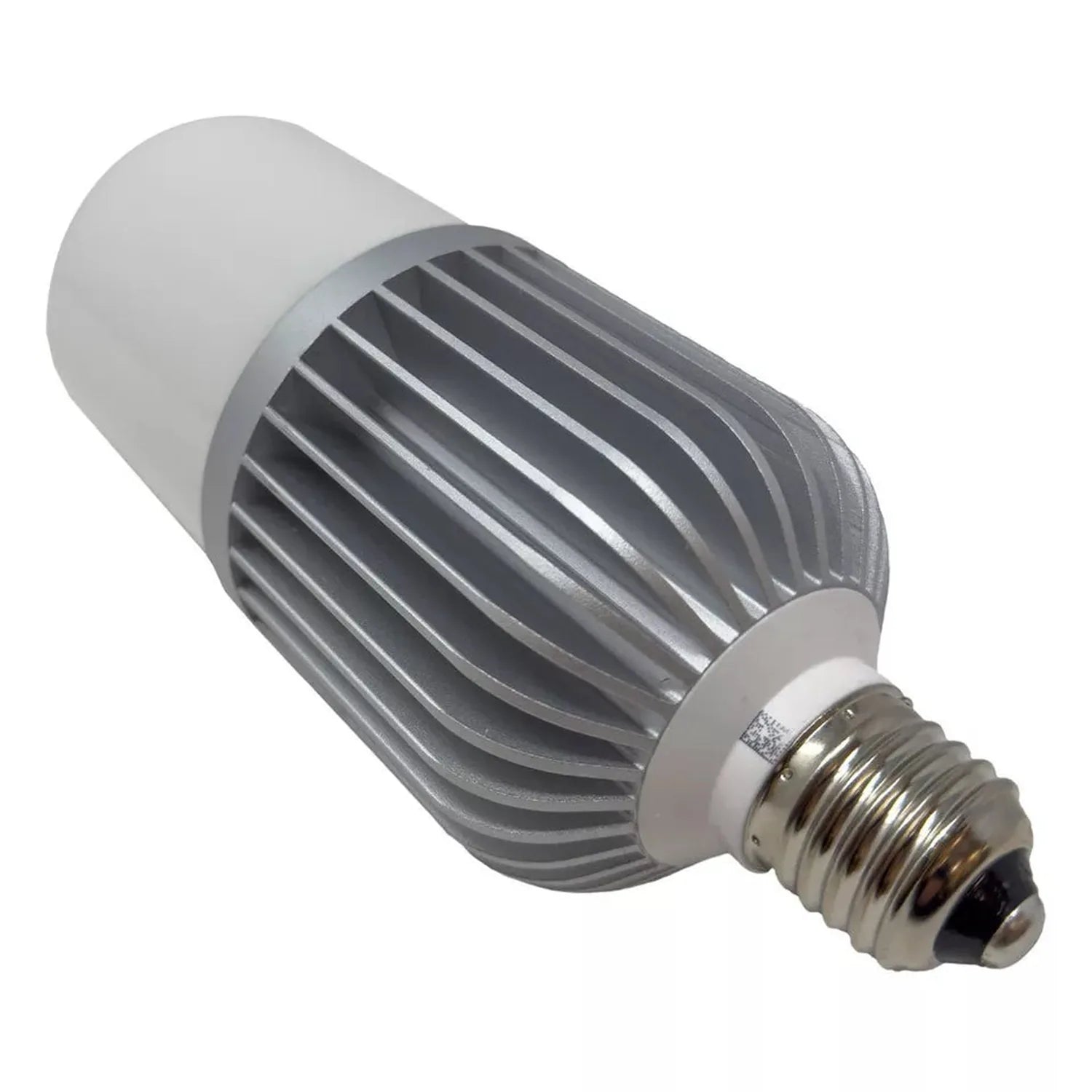 Silver LED bulb with vertical heat sink fins and E27 screw base, shown against white background.
