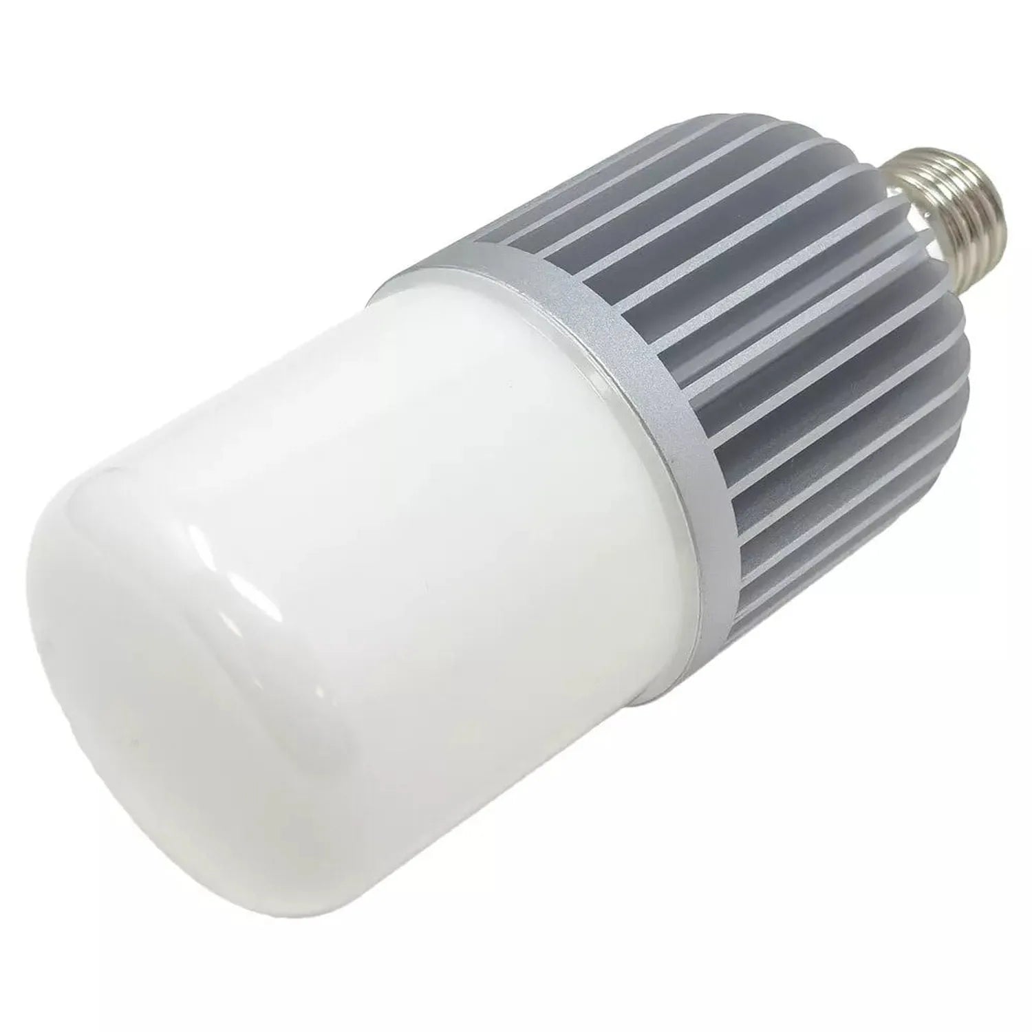LED bulb with ribbed aluminum heatsink and frosted white diffuser, threaded E27 base, isolated product shot.
