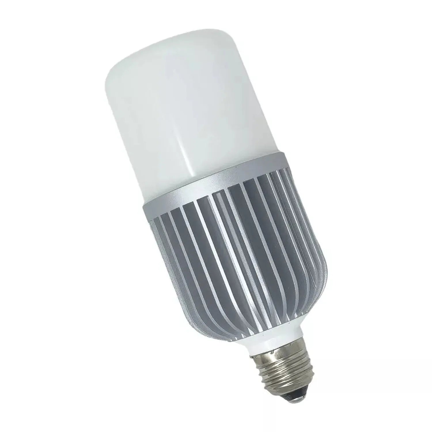 Cronos LED bulb with white frosted top and ribbed aluminum heat sink, E27 base, angled against white background.