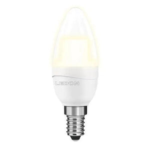 Ledon LED candle bulb with white plastic body, chrome base, and E14 screw fitting, glowing warm white light against white bac
