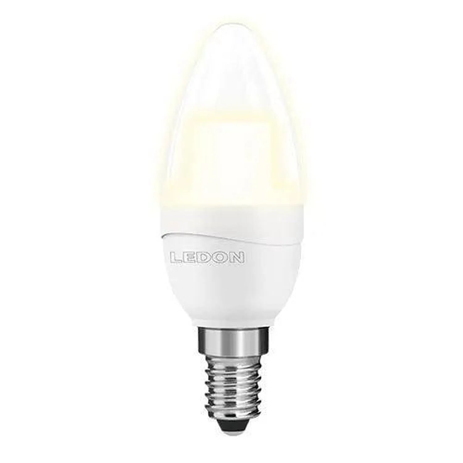 Ledon LED candle bulb with white matte cover, E14 screw base, glowing warm white, shown against white background.