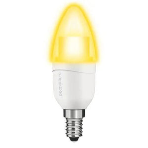 White LED candle bulb with warm yellow glow, E14 screw base, shown against white background.