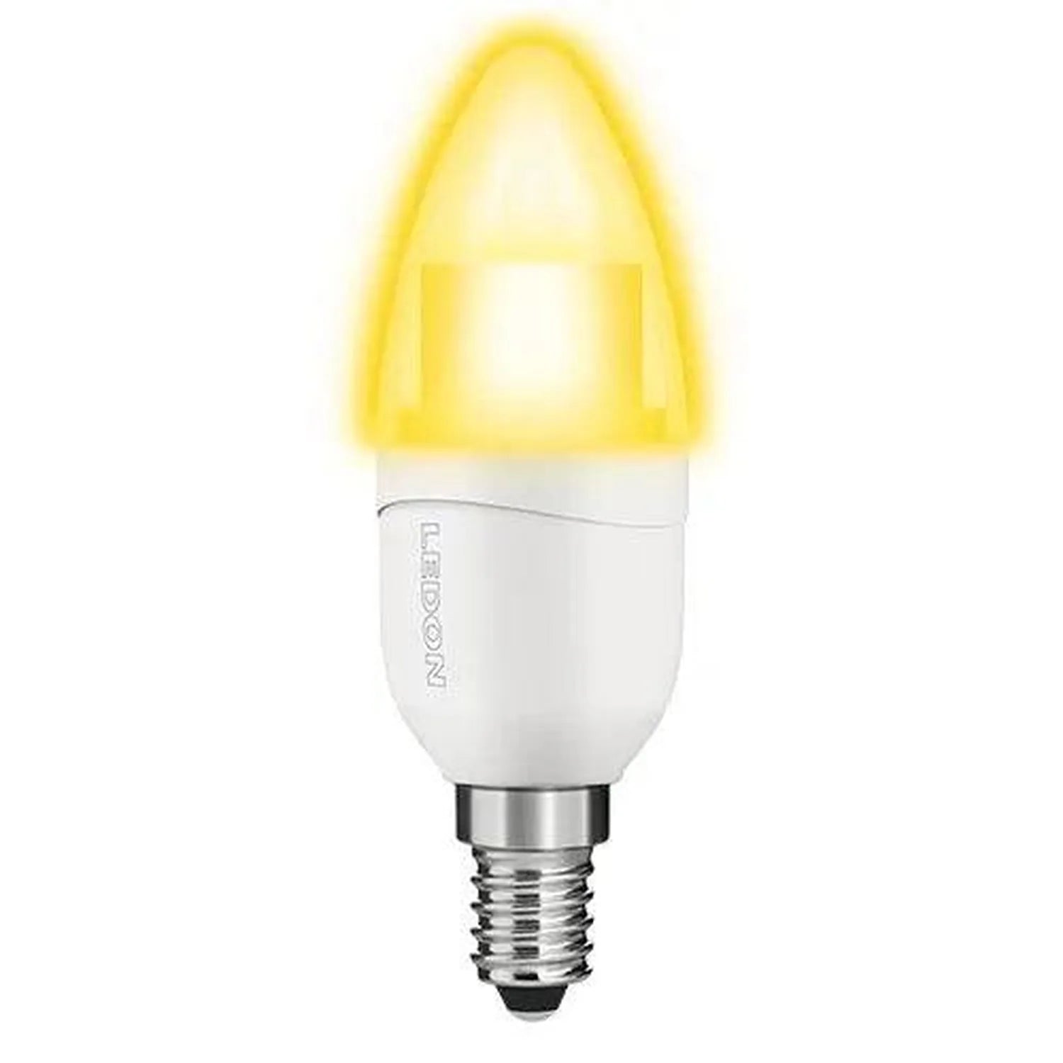 White LED candle bulb with warm yellow glow, E14 screw base, shown against white background.