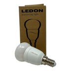 Ledon LED bulb with packaging. White spherical E14 bulb and kraft cardboard box labeled "Ledon pioneering light" featuring bu