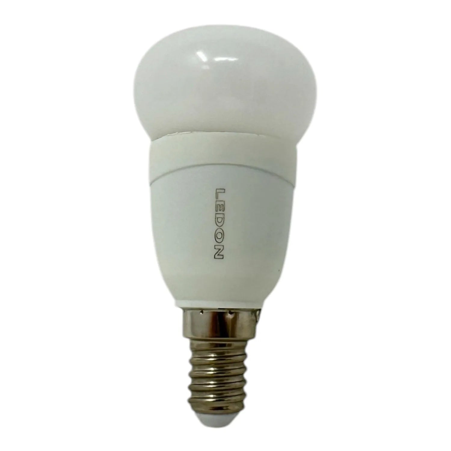 Ledon LED bulb with white dome-shaped head and metallic E14 screw base, displayed against white background.