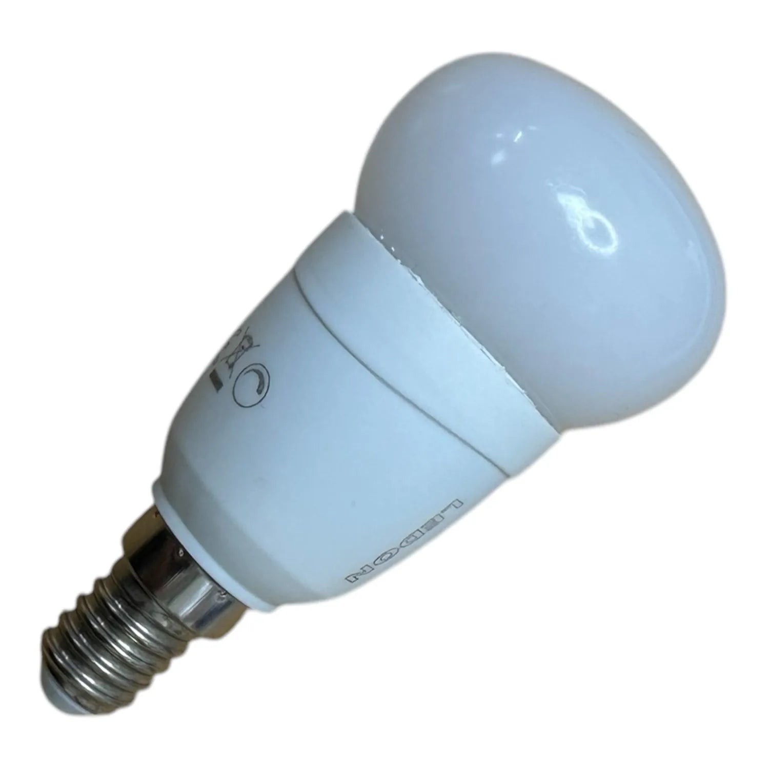 White LED bulb with E14 screw base and frosted globe, angled against white background.