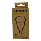 LEDON 5W LED bulb packaging showing dimmable E14 bulb with 250 lumen output rating.