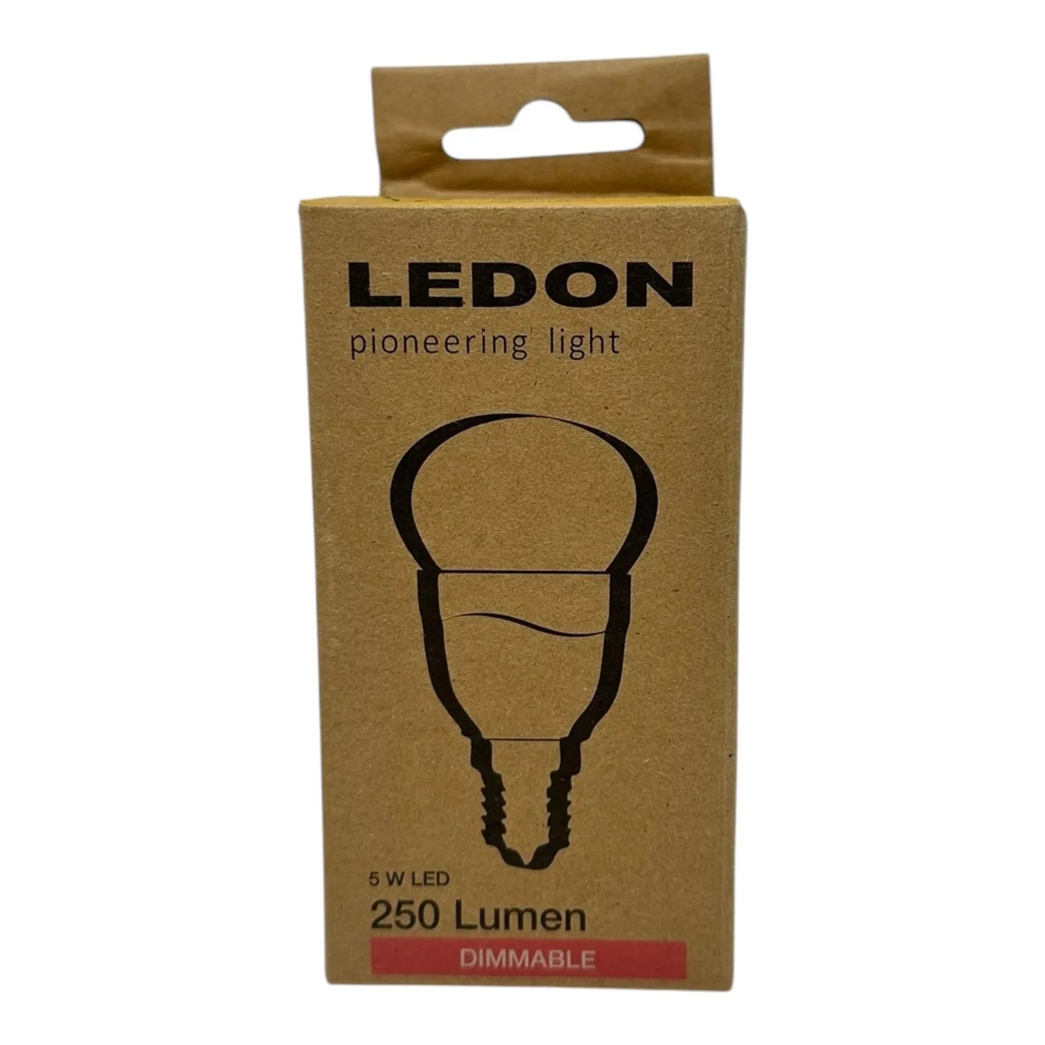 LEDON 5W LED bulb packaging showing dimmable E14 bulb with 250 lumen output rating.
