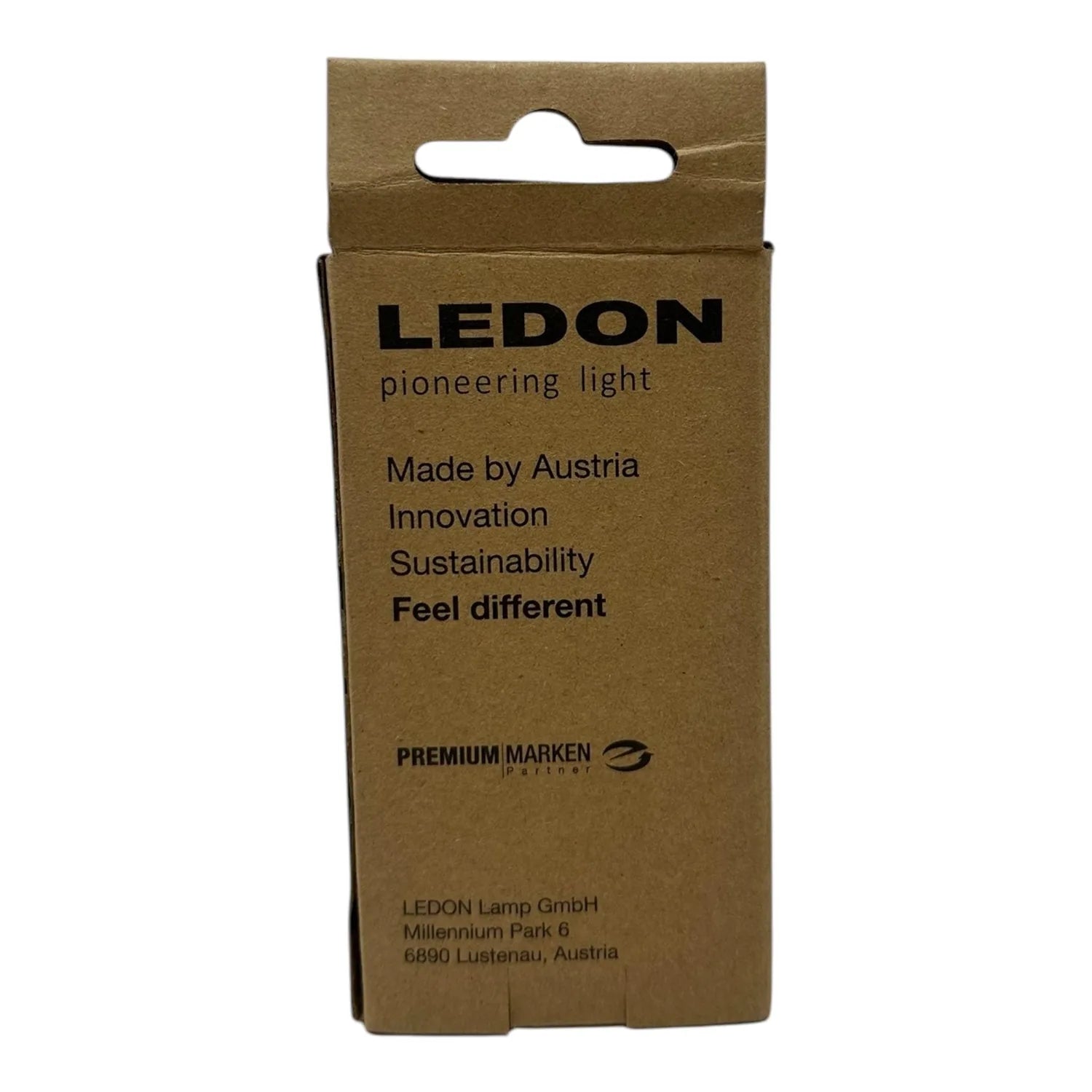 LEDON LED bulb packaging box showing Austrian manufacturer branding, sustainability messaging, and product information label.