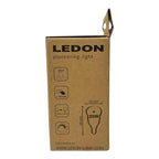 Ledon LED bulb product packaging with specifications including 200° beam angle, 25W equivalent, 94mm height, and 45mm width, 