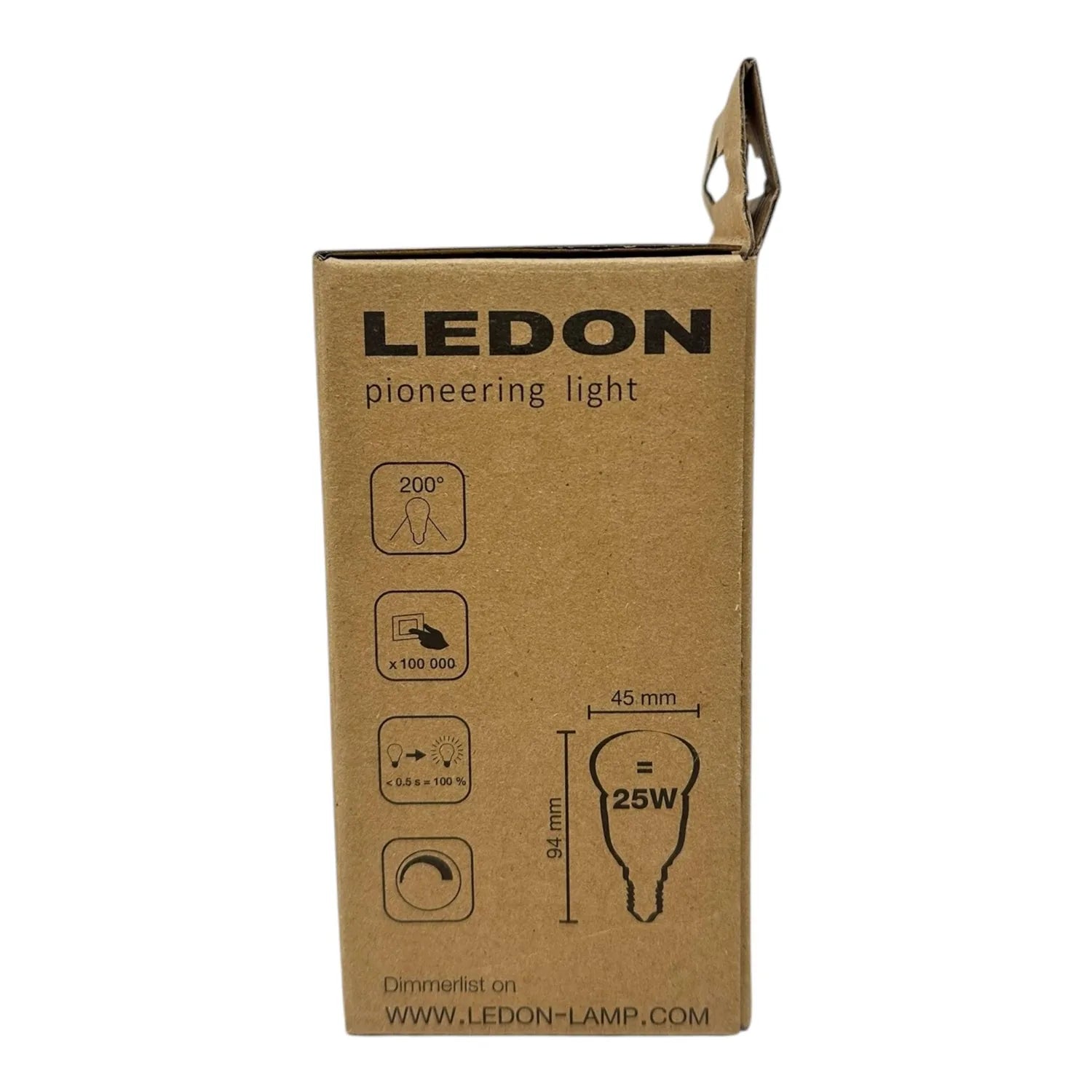 Ledon LED bulb product packaging with specifications including 200° beam angle, 25W equivalent, 94mm height, and 45mm width, 