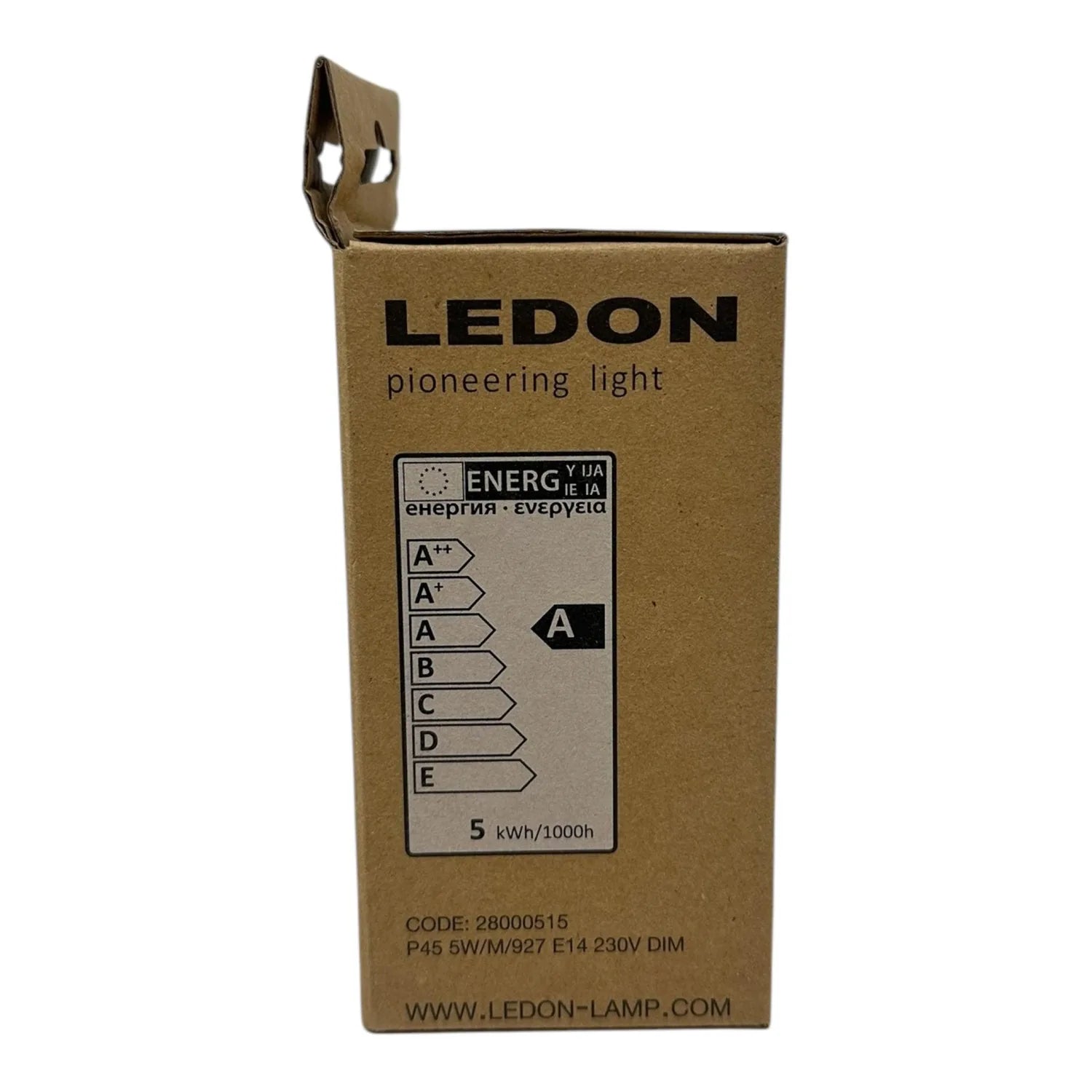 LEDON LED bulb package showing energy rating A, 5W power consumption, E14 socket specification, and dimmable 230V compatibili