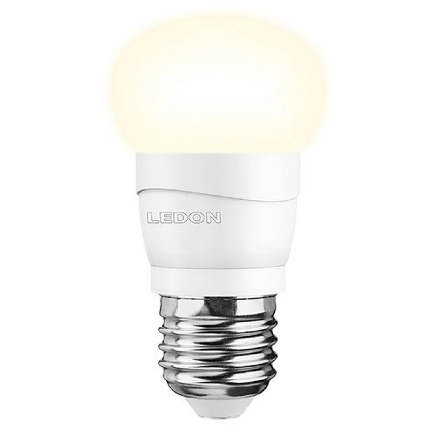 LEDON white LED golf ball lamp with E27 screw base, glowing warm white, product shot on white background.