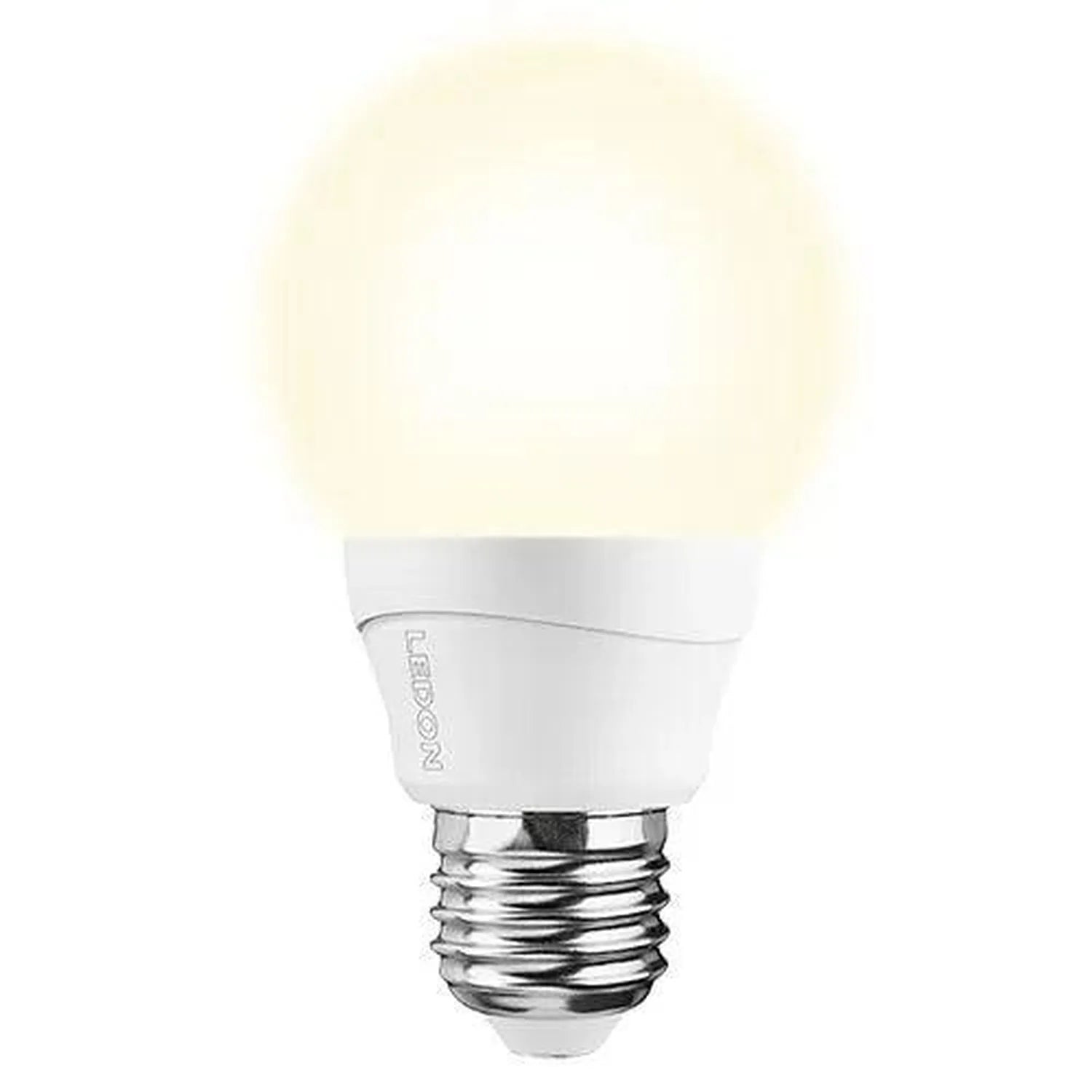 White LED bulb with warm glow, E27 screw base, product shot against white background.