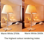 Comparison of warm white LED bulbs showing 2700K versus 2000K color temperature rendering in a bedroom setting with table lam