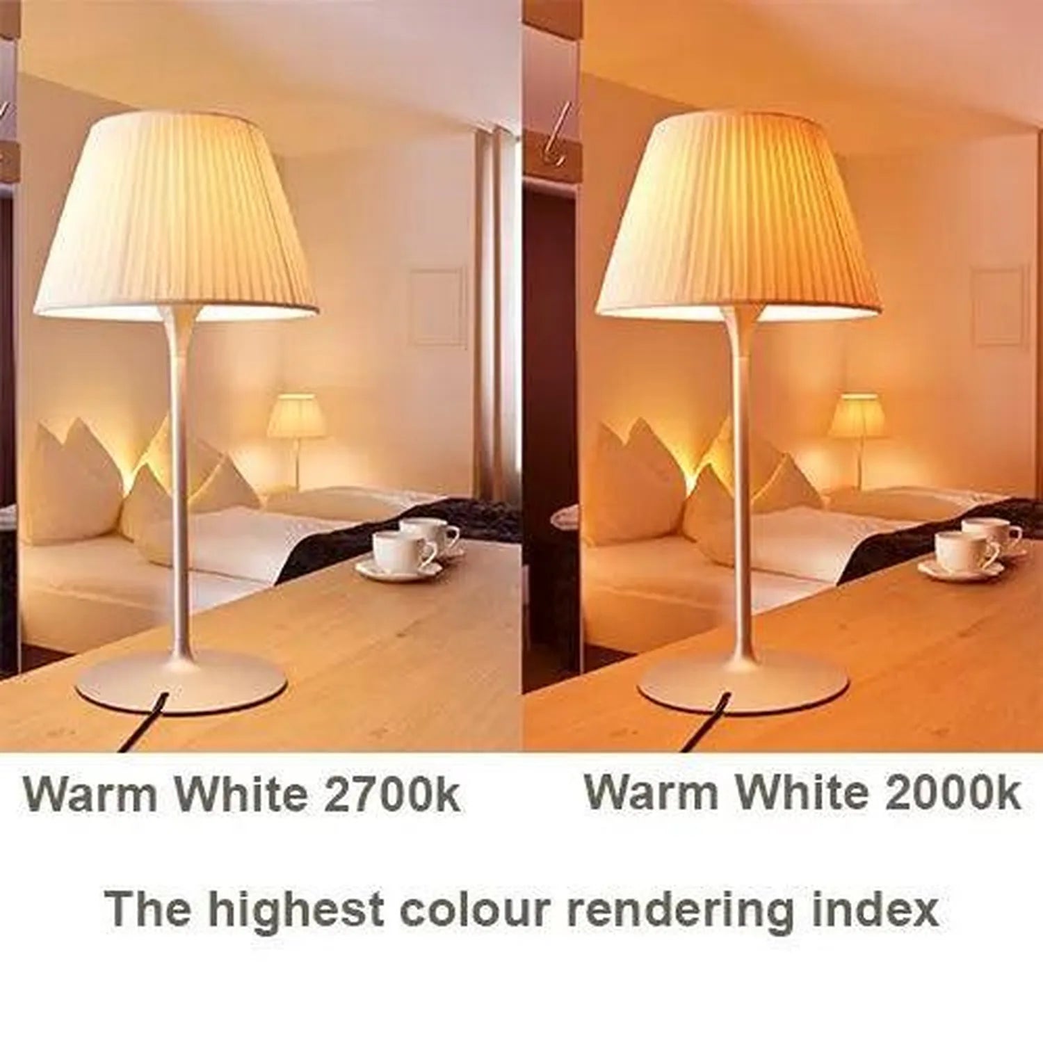 Comparison of warm white LED bulbs showing 2700K versus 2000K color temperature rendering in a bedroom setting with table lam