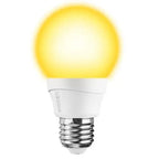 Ledon LED bulb with warm yellow glow, white plastic base and chrome E27 screw socket on white background.