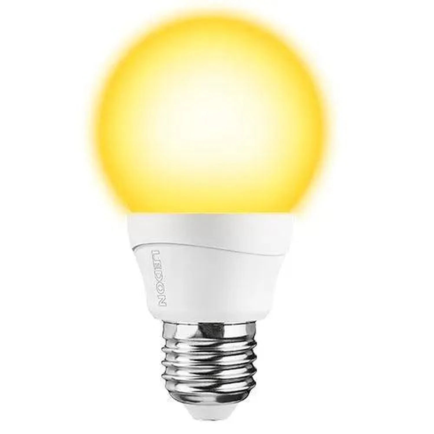 Ledon LED bulb with warm yellow glow, white plastic base and chrome E27 screw socket on white background.