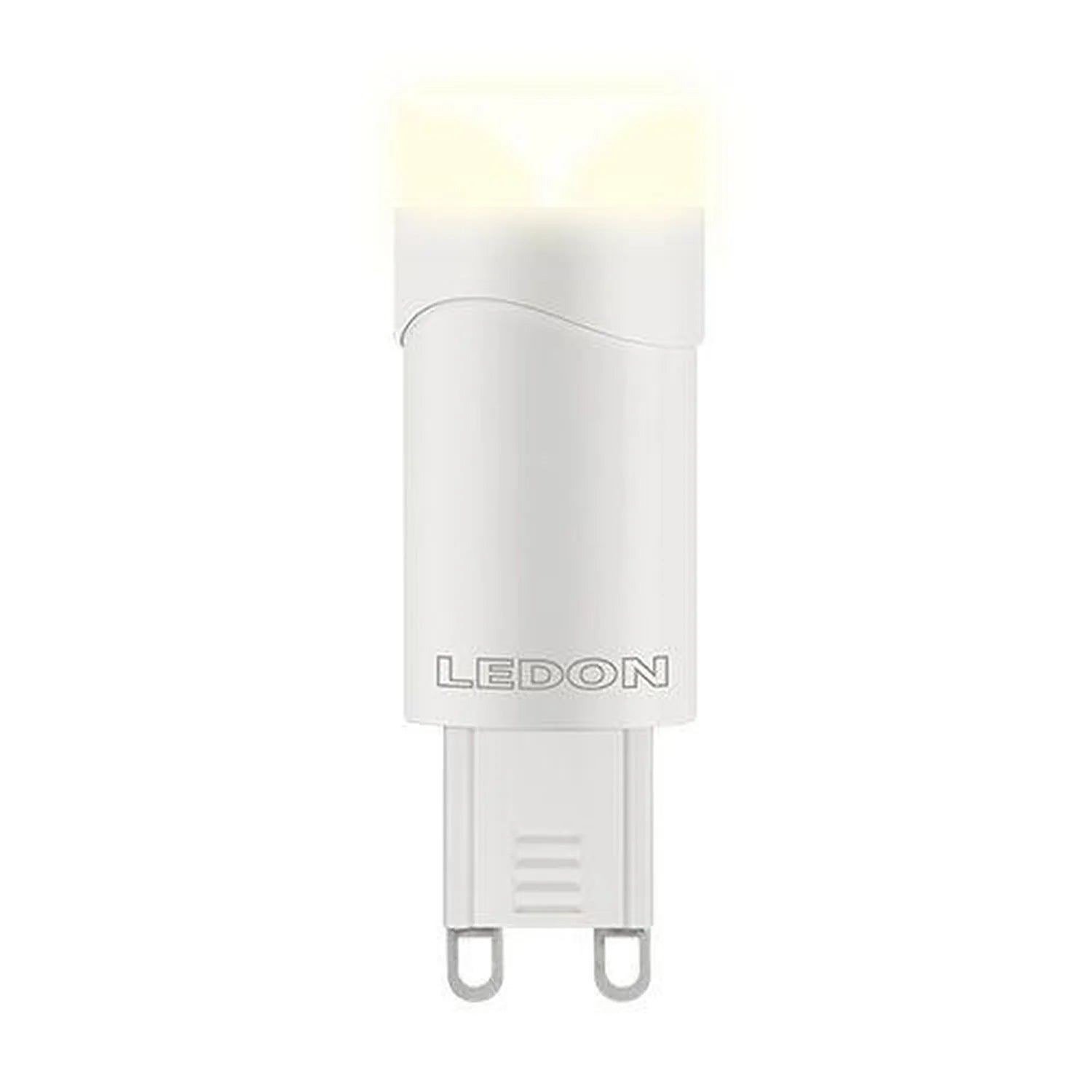 LEDON brand LED bulb with G9 base, cylindrical white plastic body with visible prongs at bottom, isolated product shot.