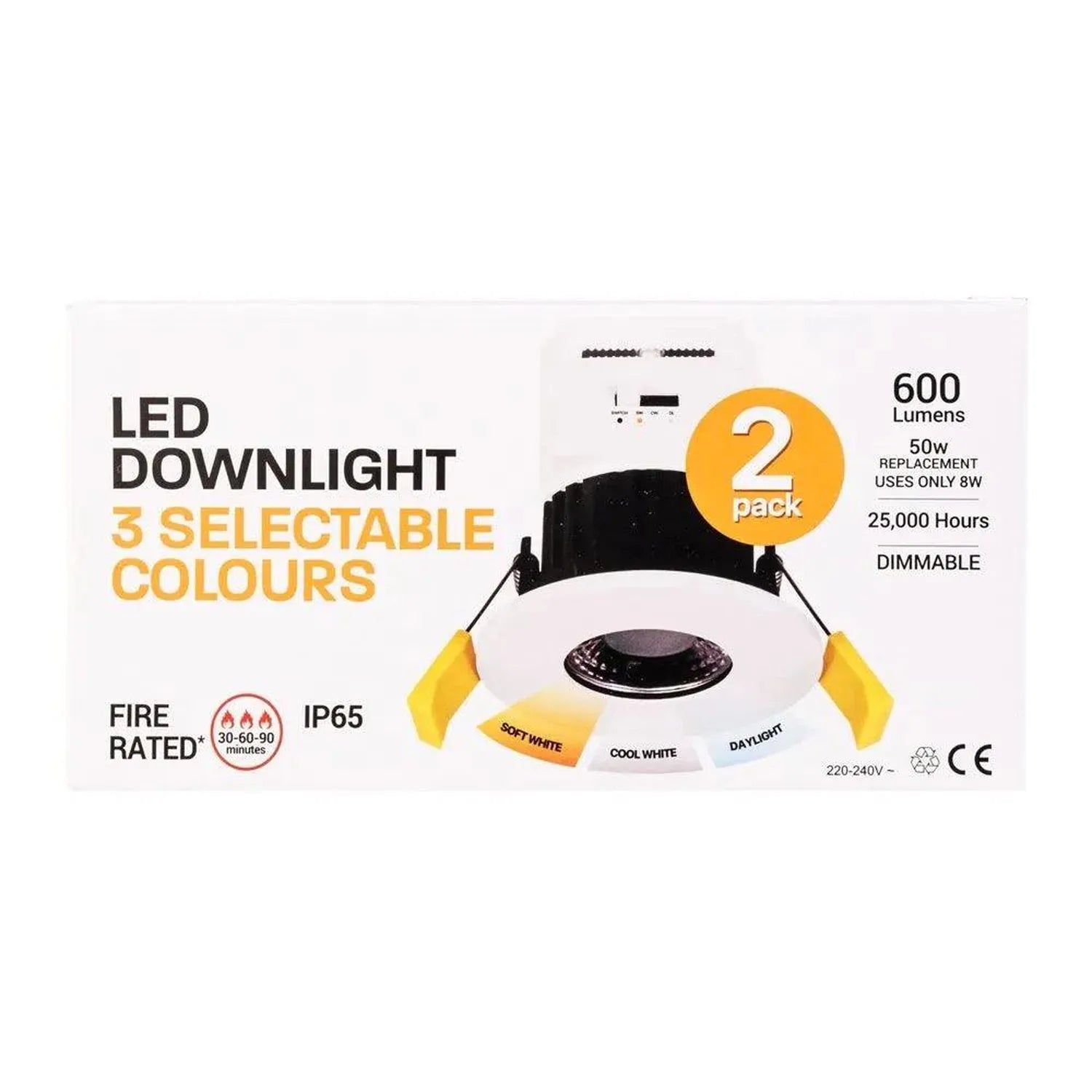 LED downlight packaging for 2-pack showing white recessed fixture with color temperature options: soft white, cool white, and