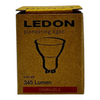 LEDON LED GU10 bulb box packaging, 6W, 345 Lumen, dimmable, with bulb illustration and gold-colored cardboard exterior.