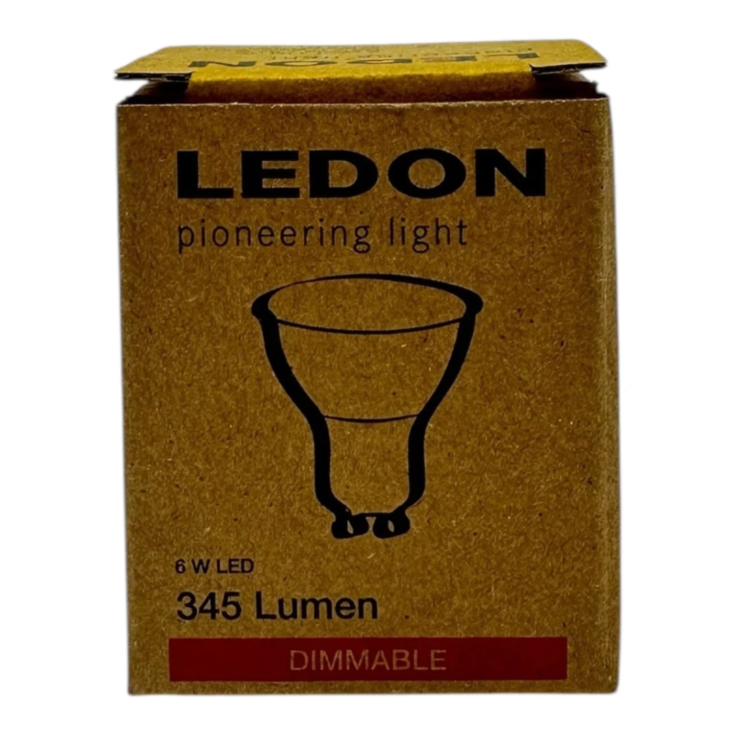 LEDON LED GU10 bulb box packaging, 6W, 345 Lumen, dimmable, with bulb illustration and gold-colored cardboard exterior.