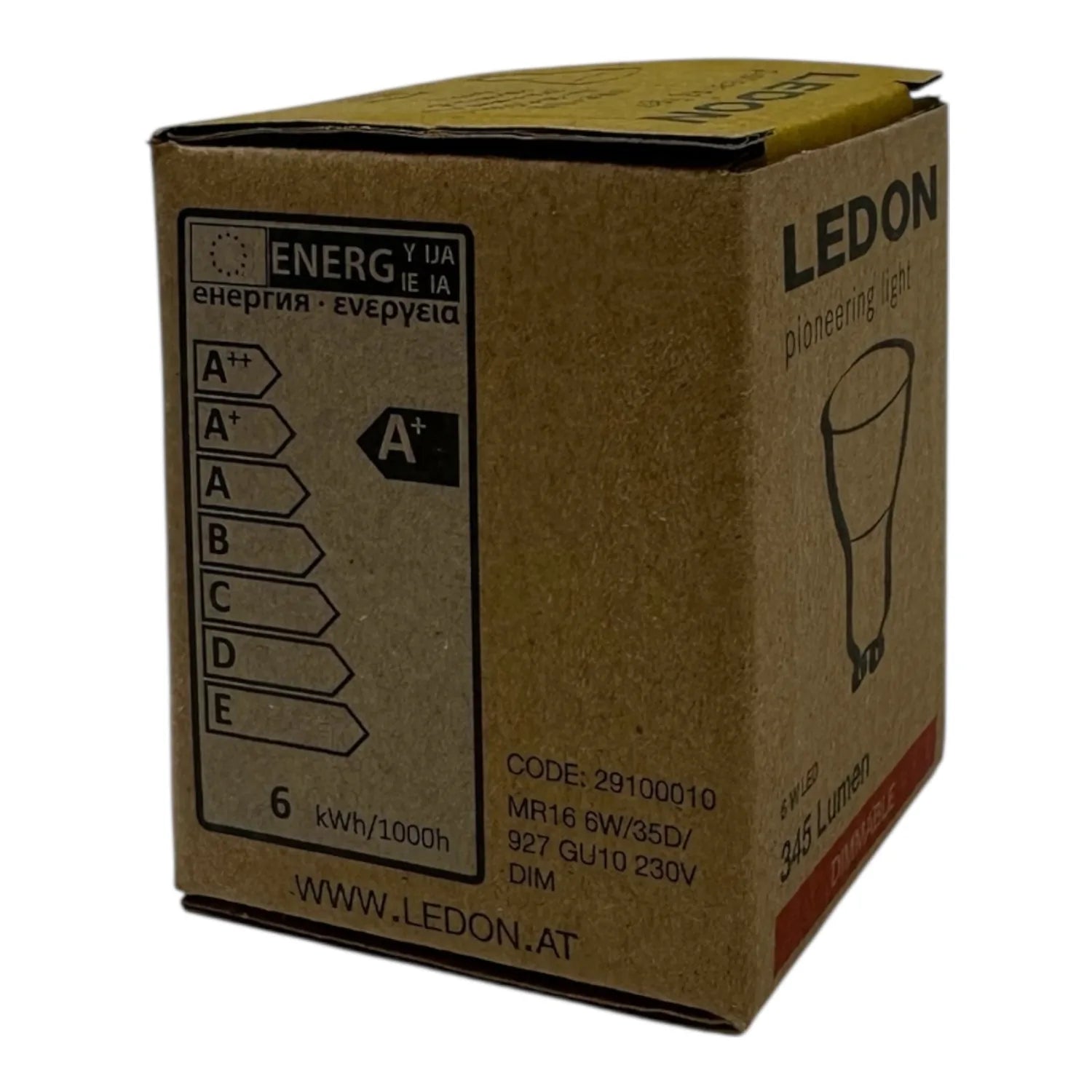Ledon LED GU10 bulb packaging box showing A+ energy rating and 6 kWh/1000h specification label.