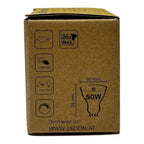 Cardboard product packaging for a 50W GU10 LED bulb showing specifications including 20x max brightness, 35-degree beam angle