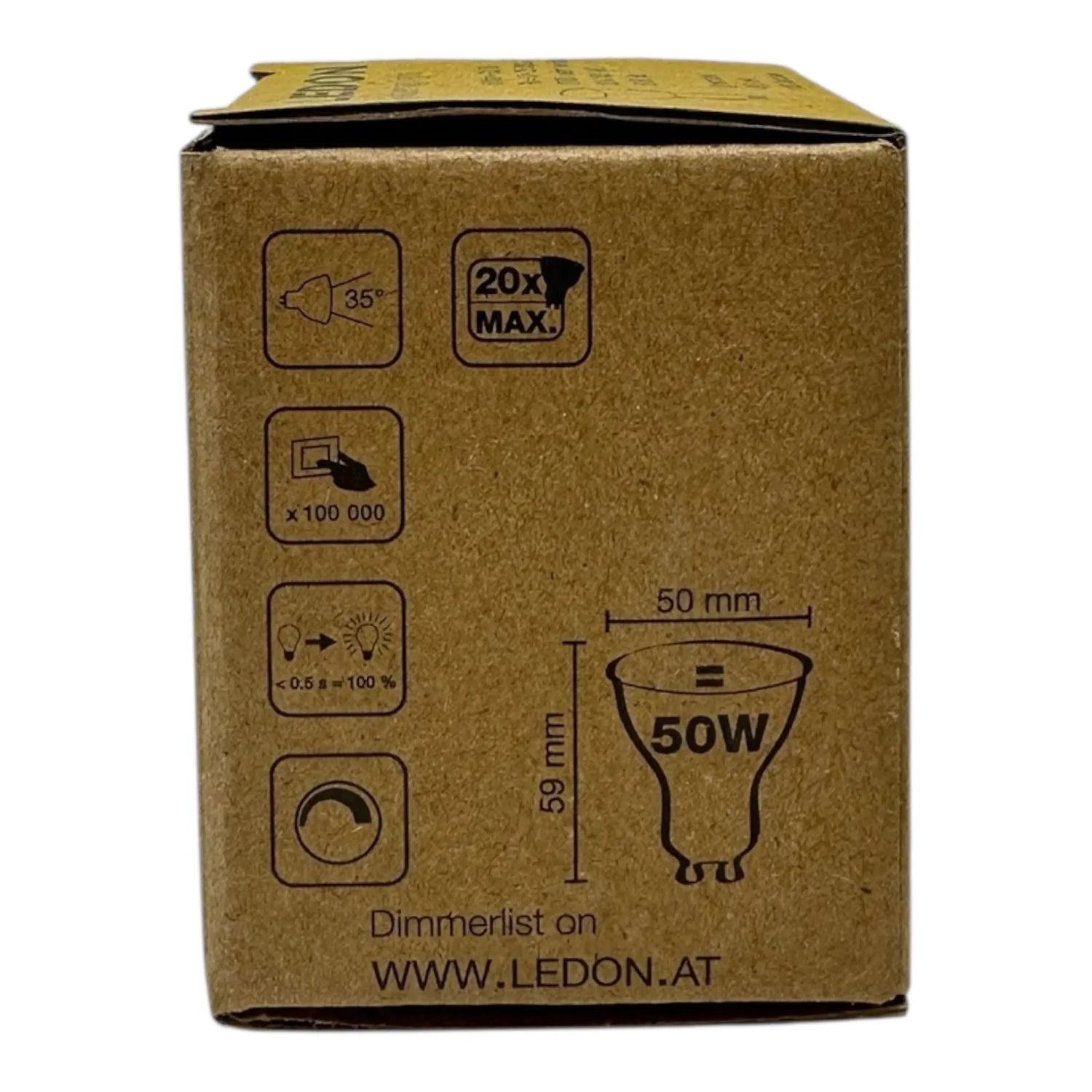 Cardboard product packaging for a 50W GU10 LED bulb showing specifications including 20x max brightness, 35-degree beam angle