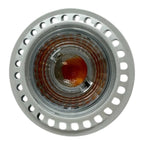 GU10 LED bulb with warm white glow visible through clear lens, mounted in gray fixture with ventilation holes, front view pro