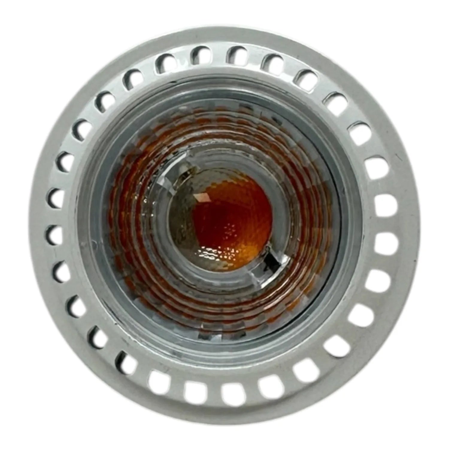 GU10 LED bulb with warm white glow visible through clear lens, mounted in gray fixture with ventilation holes, front view pro