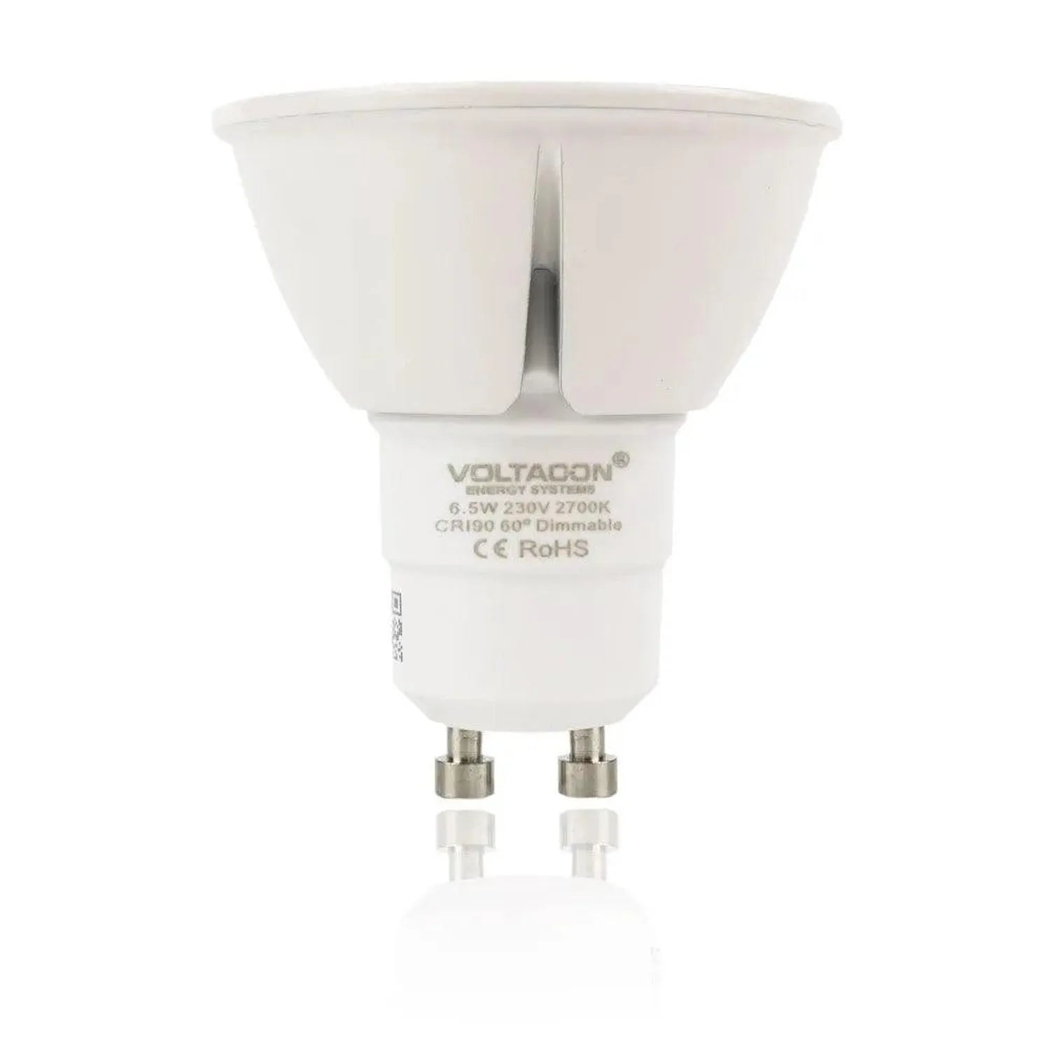 White Voltacon GU10 LED bulb with 6.5W power rating and warm 2700K color temperature, shown against white background with ref