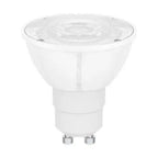 White GU10 LED bulb with dome-shaped head and ribbed lens, shown against white background.