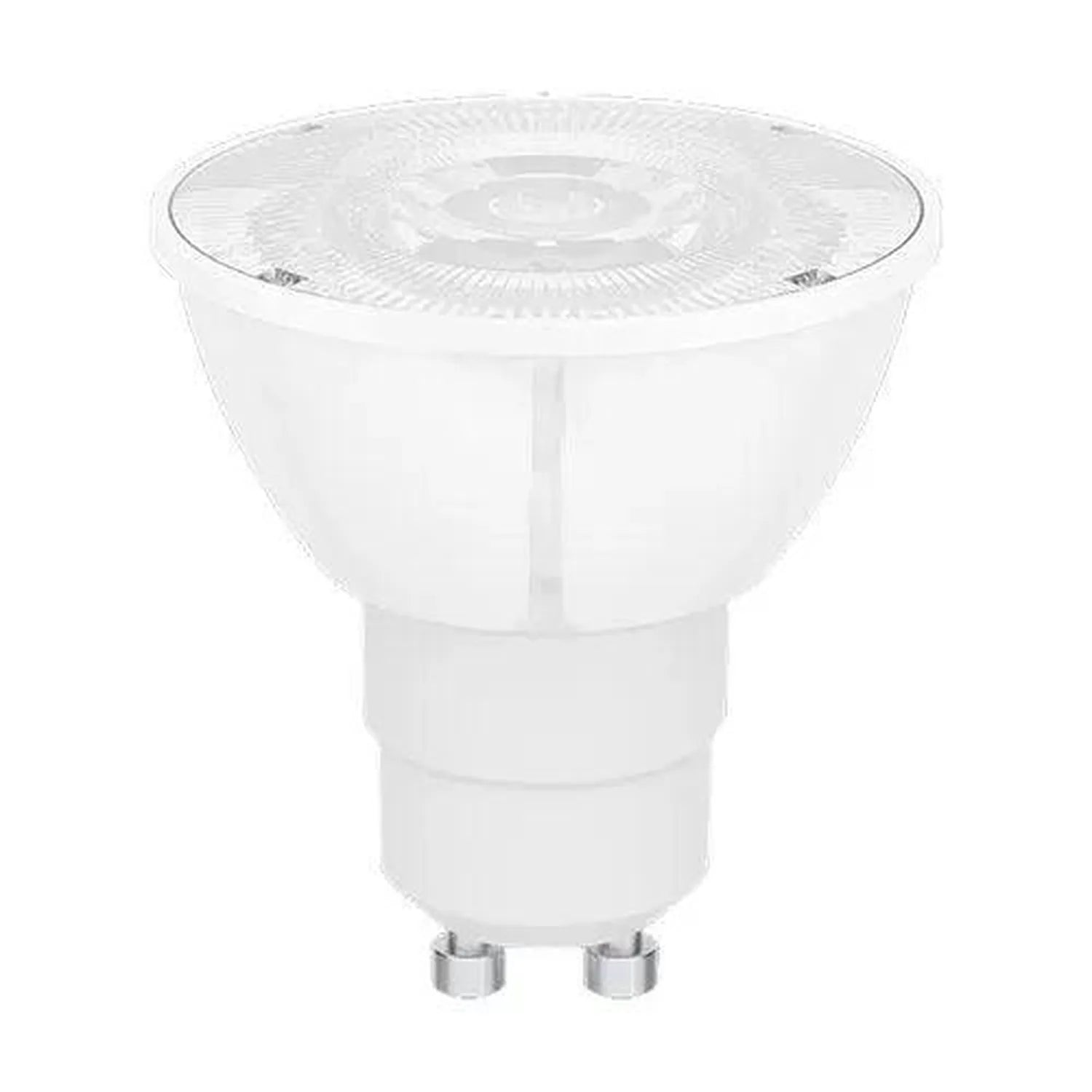 White GU10 LED bulb with dome-shaped head and ribbed lens, shown against white background.