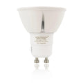 White GU10 LED spot bulb with wide reflector cup and metal base pins, product shot on white background.