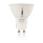 White GU10 LED spot bulb with wide reflector cup and metal base pins, product shot on white background.