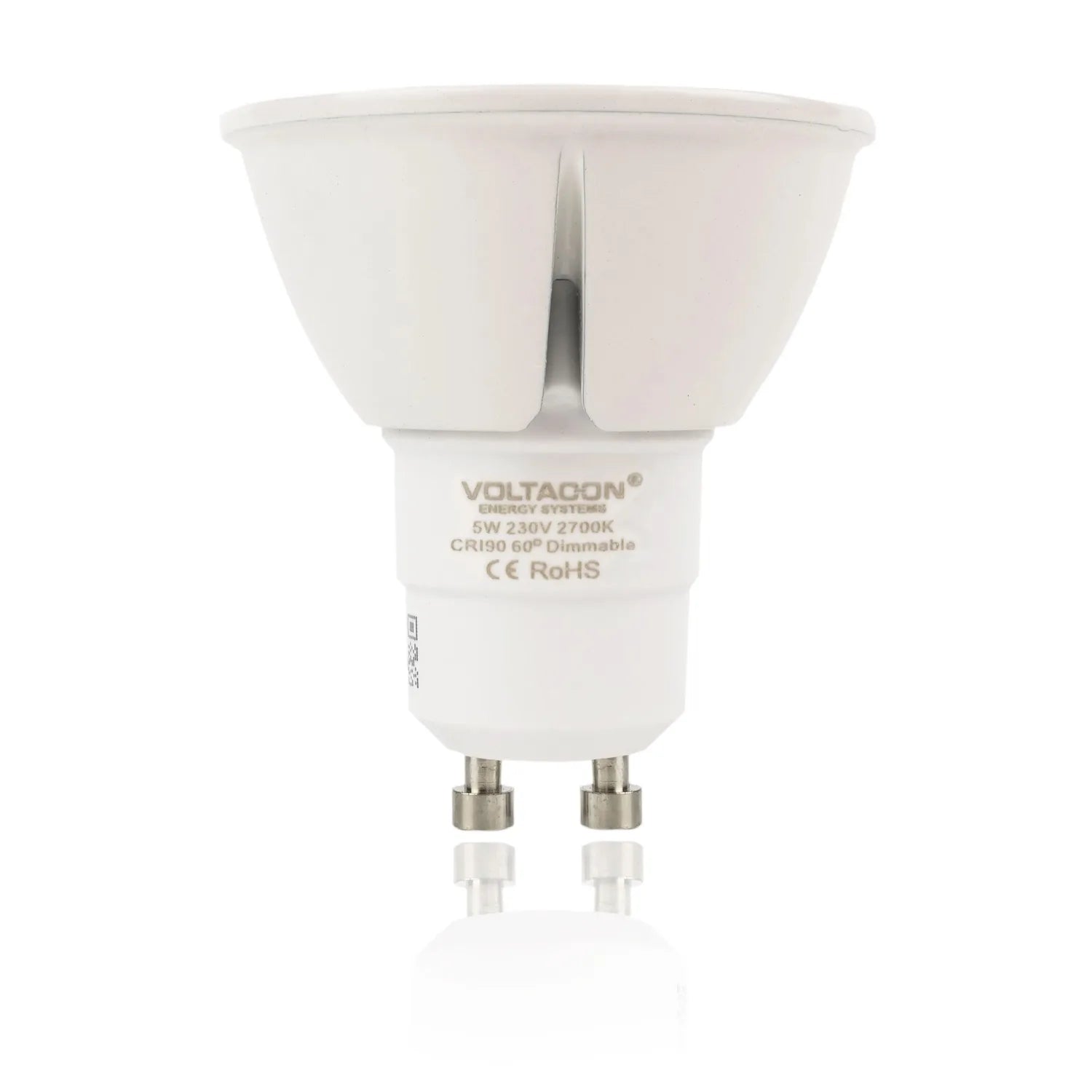 White GU10 LED spot bulb with wide reflector cup and metal base pins, product shot on white background.