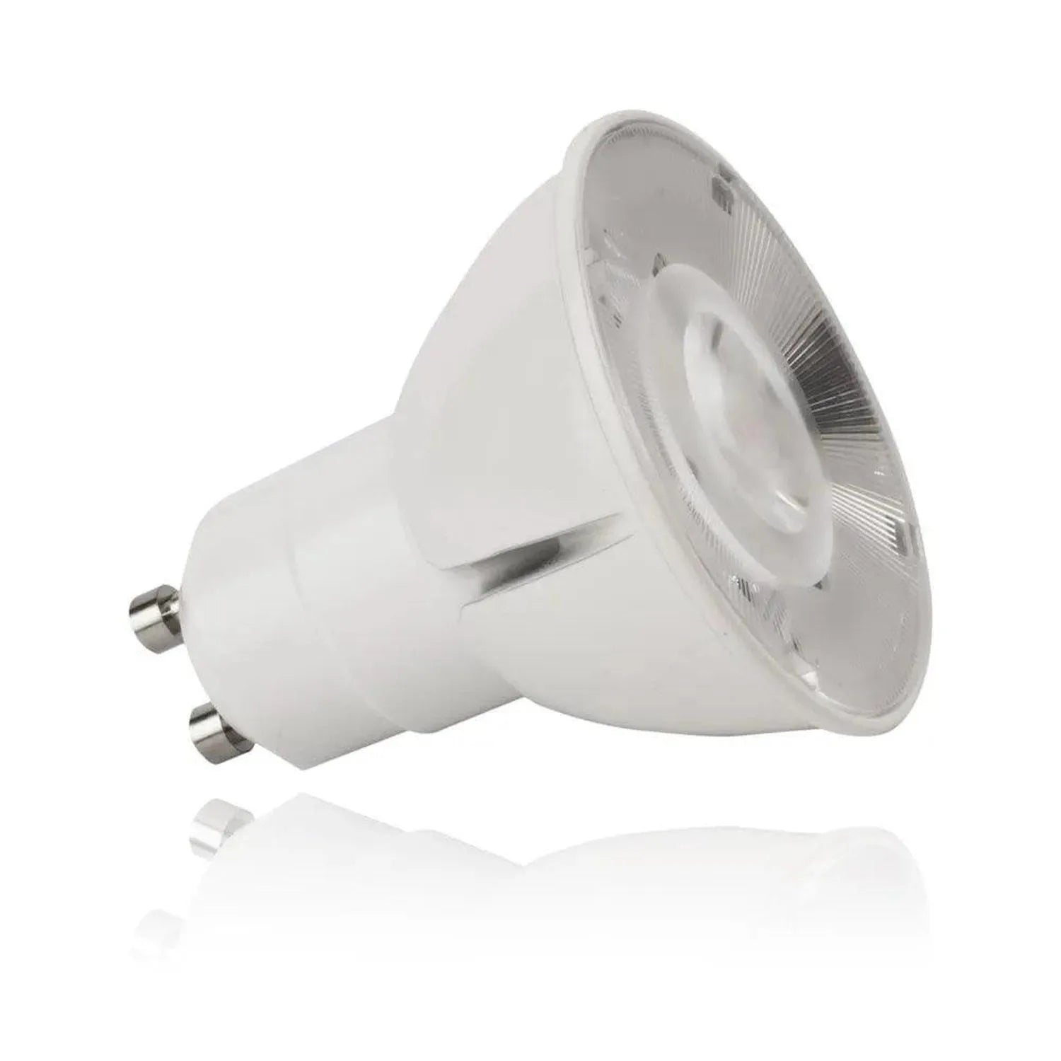 White GU10 LED spot bulb with reflector and metal base shown against white background.